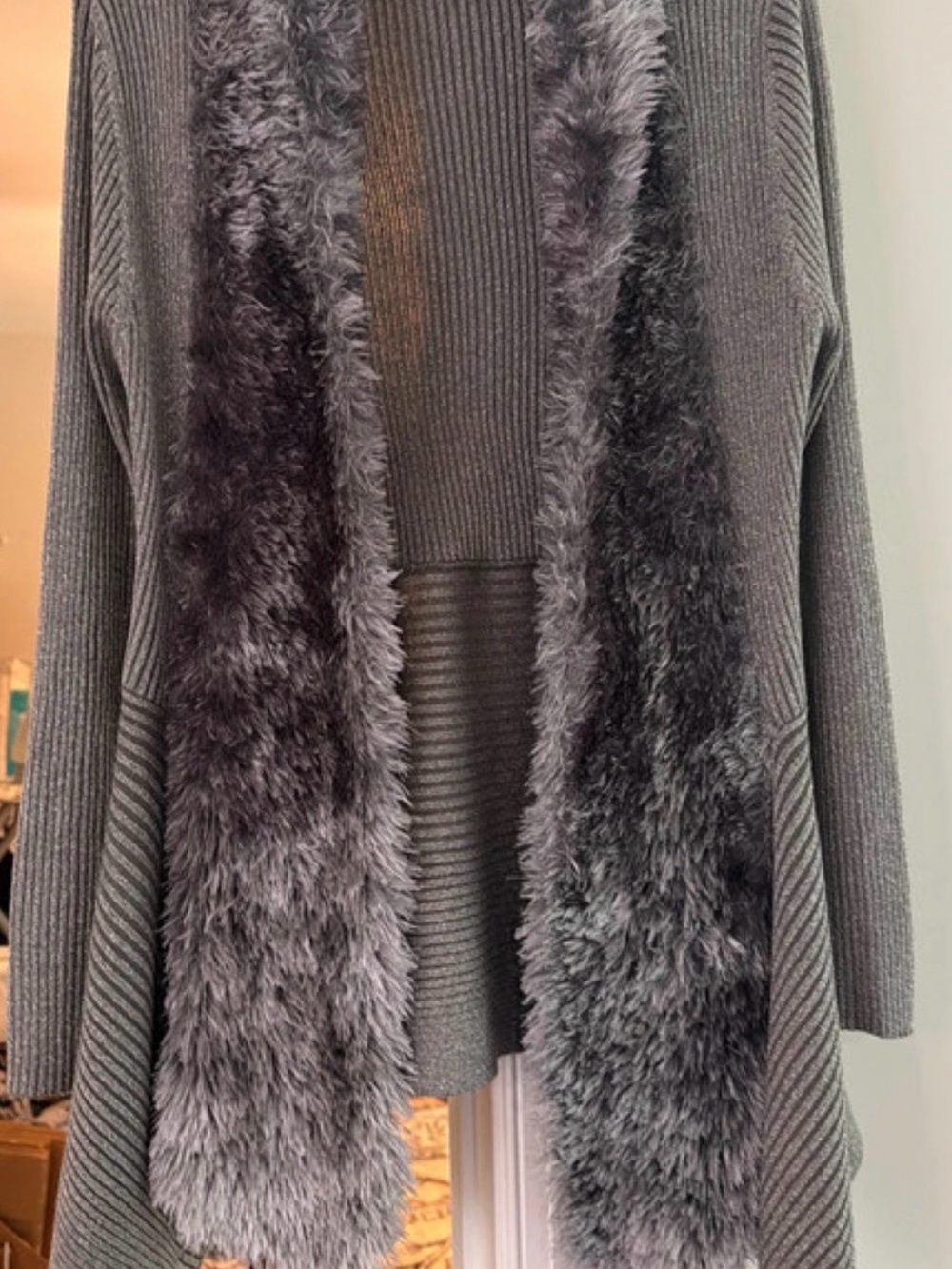 Lauren Michelle Grey Open Front Cardigan with Faux-Fur Trim